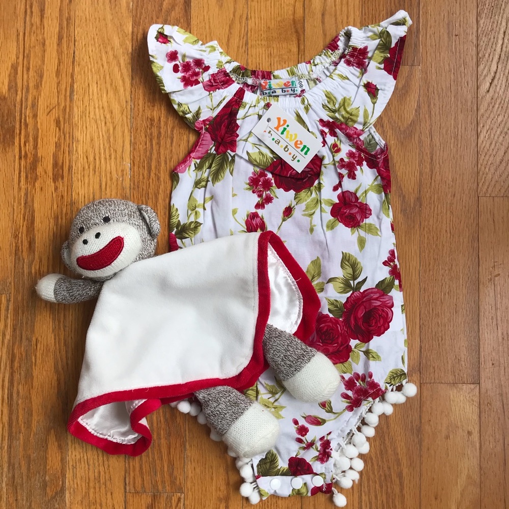 Girl 6 mos Floral Romper with Pom Pom detail